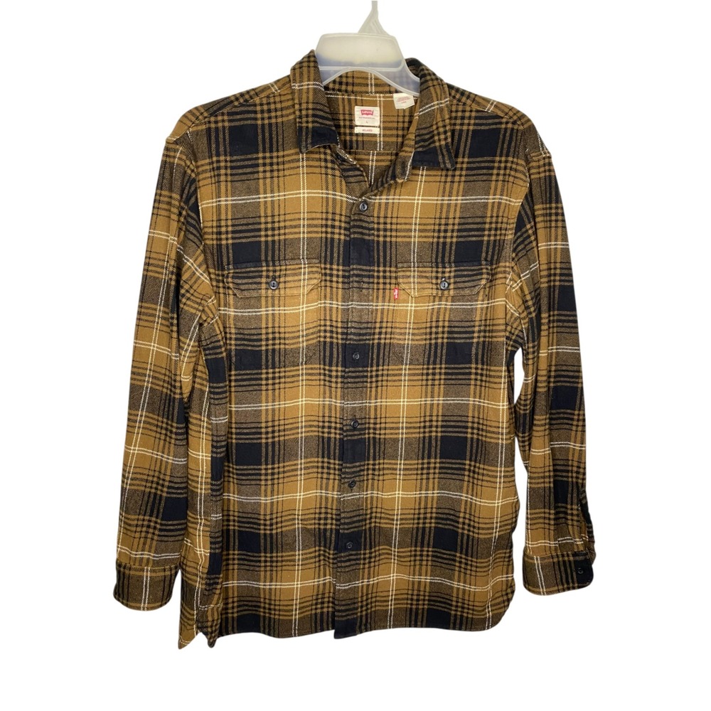 Levis Mens Relaxed Fit Brown Black Plaid Flannel Long Sleeve Shirt Large